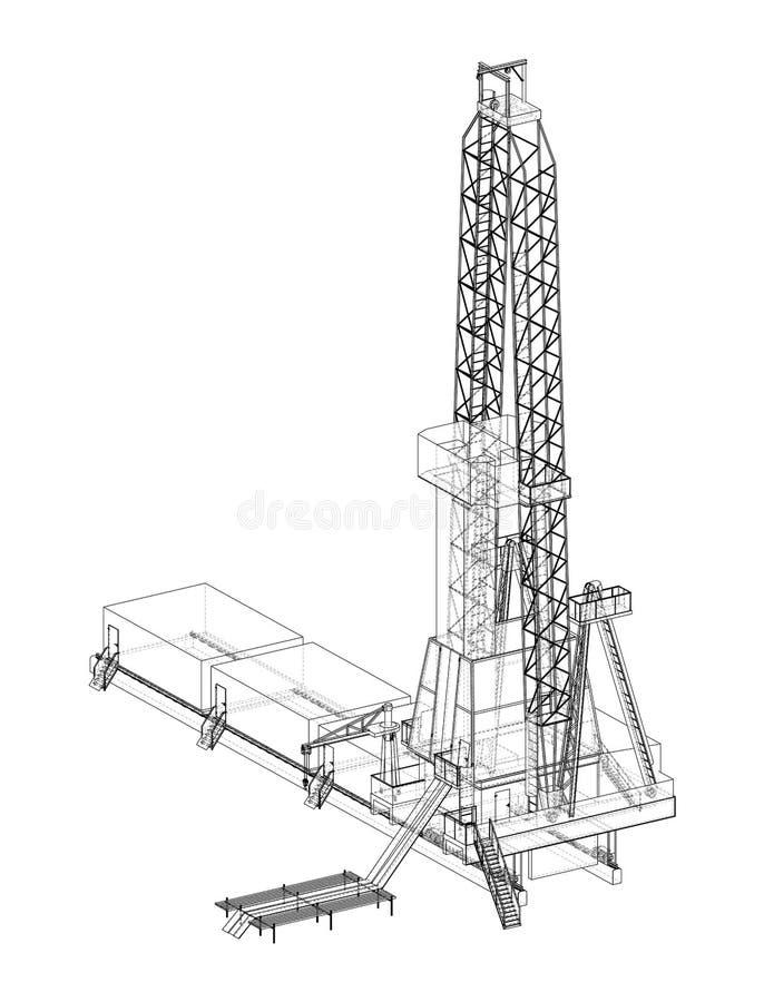 Oil rig on white. 3d illustration. Wire-frame style. Orthography. Oil rig on white. 3d illustration. Wire-frame style. Orthography