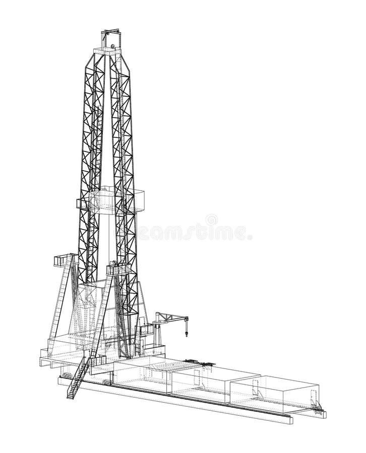 Oil rig on white. 3d illustration. Wire-frame style. Orthography. Oil rig on white. 3d illustration. Wire-frame style. Orthography