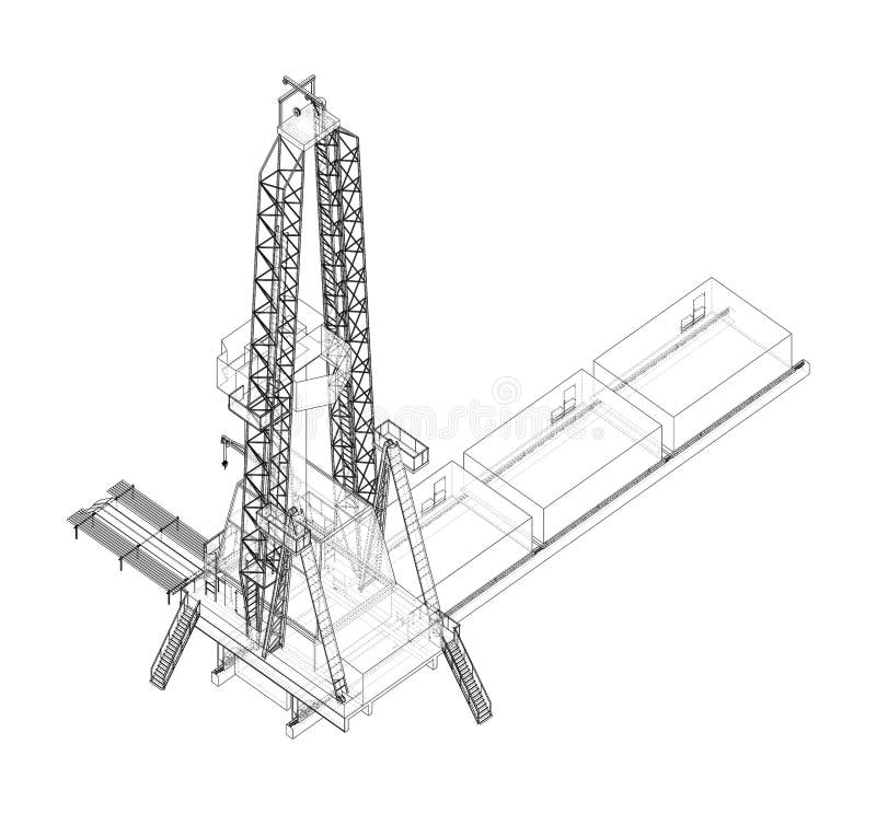 Oil rig on white. 3d illustration. Wire-frame style. Orthography. Oil rig on white. 3d illustration. Wire-frame style. Orthography