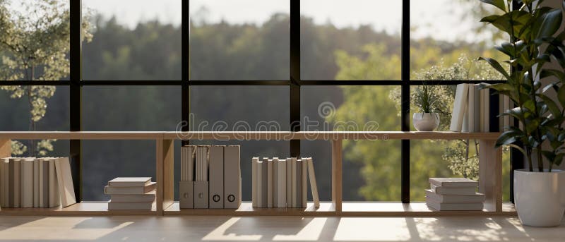 нижняя книжная шкафчик с минимальным деревом у большого окна в современной комнате иллюстрация вектора