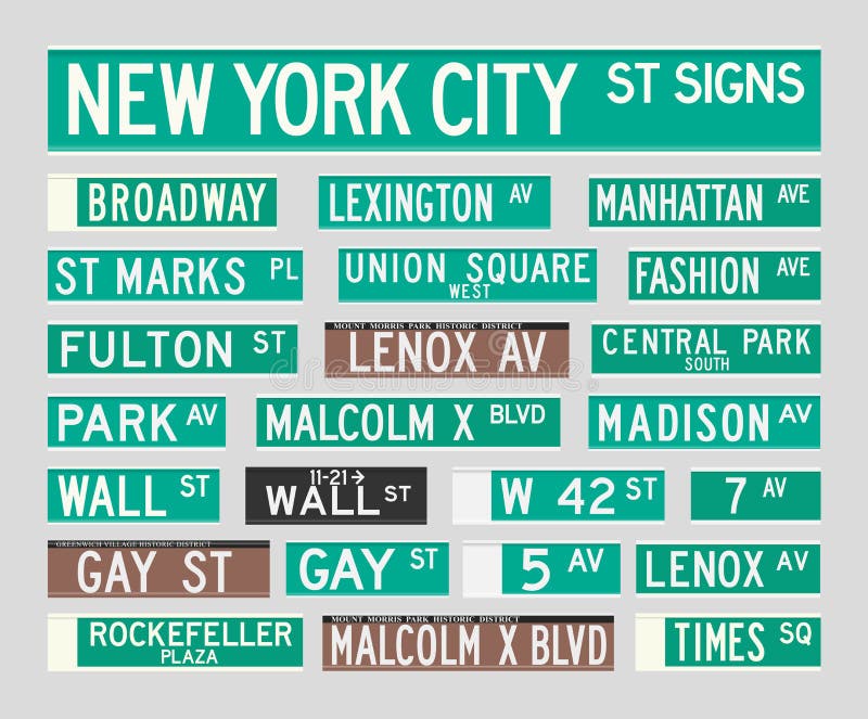 Vector illustration of the most famous New York City street signs. Vector illustration of the most famous New York City street signs