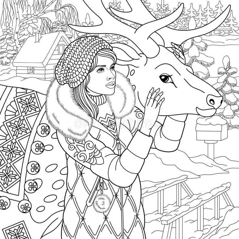 Winter Girl with Reindeer Adult Coloring Book Page Stock Vector