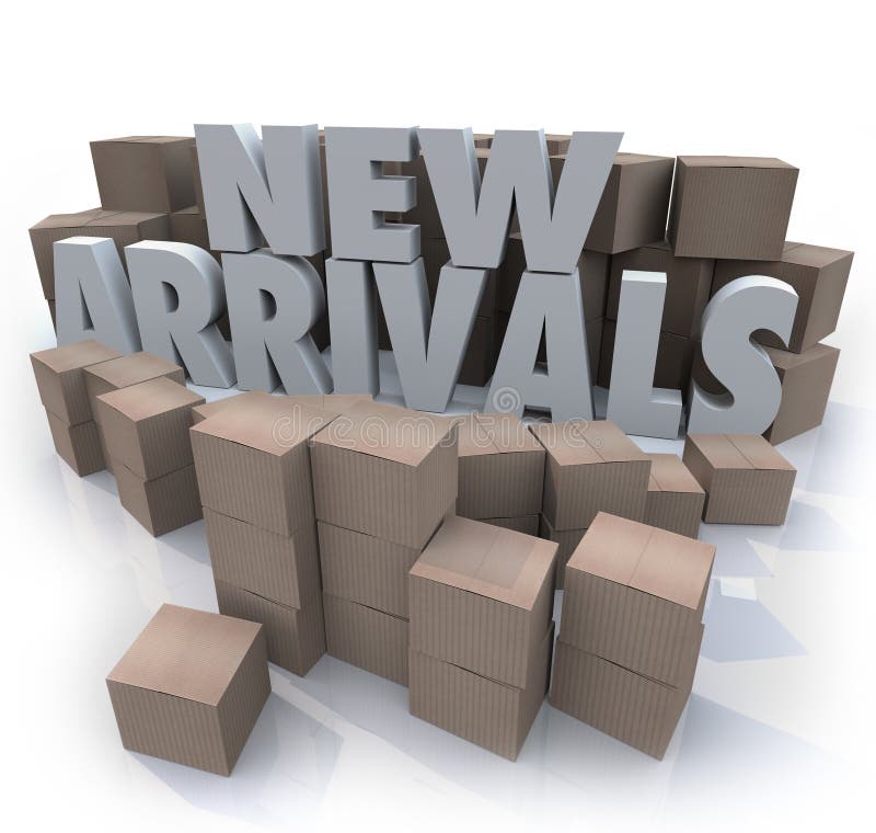 Many cardboard boxes with the words New Arrivals to illustrate products, merchandise or other items for sale arriving at a store or online seller. Many cardboard boxes with the words New Arrivals to illustrate products, merchandise or other items for sale arriving at a store or online seller