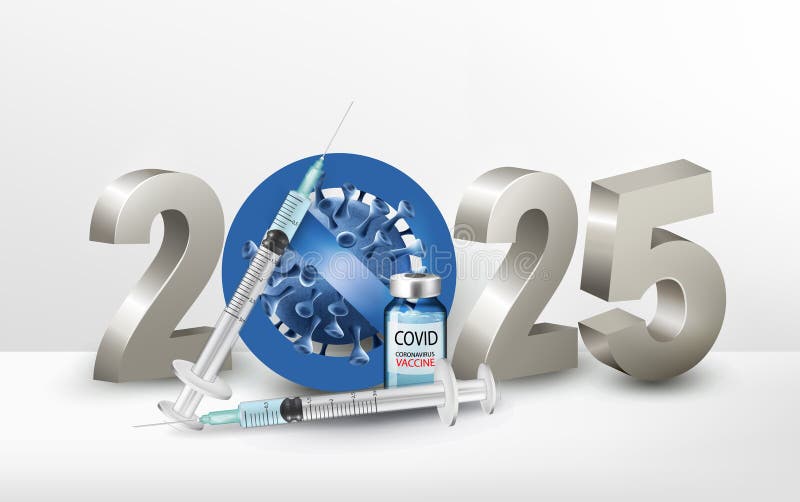 новый 2025 год с символом стоп ковид с шприцем и бутылкой с вакциной. вектор иллюстрация штока
