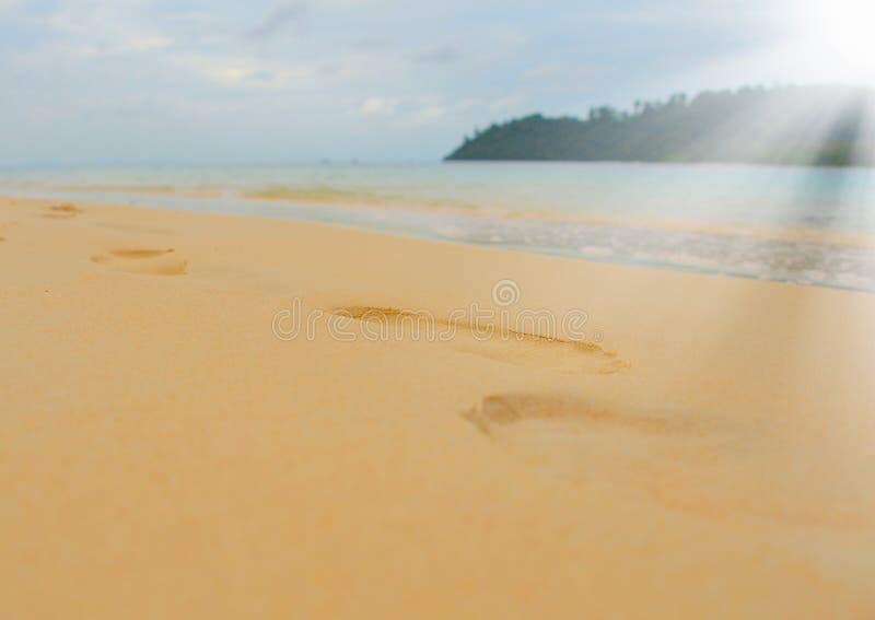 Trail barefoot feet in the sand on a beautiful beach. Trail barefoot feet in the sand on a beautiful beach