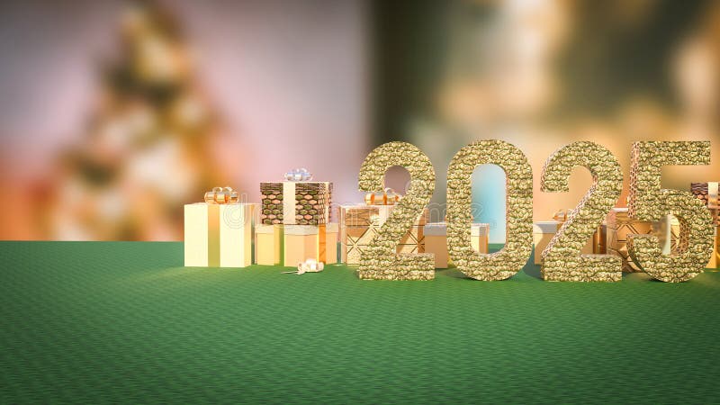 номер 2025 и подарочная коробка для нового года или концепция празднования 3d рендеринг иллюстрация штока