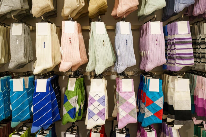 Collection of colorful socks for sale on display in stores. Collection of colorful socks for sale on display in stores