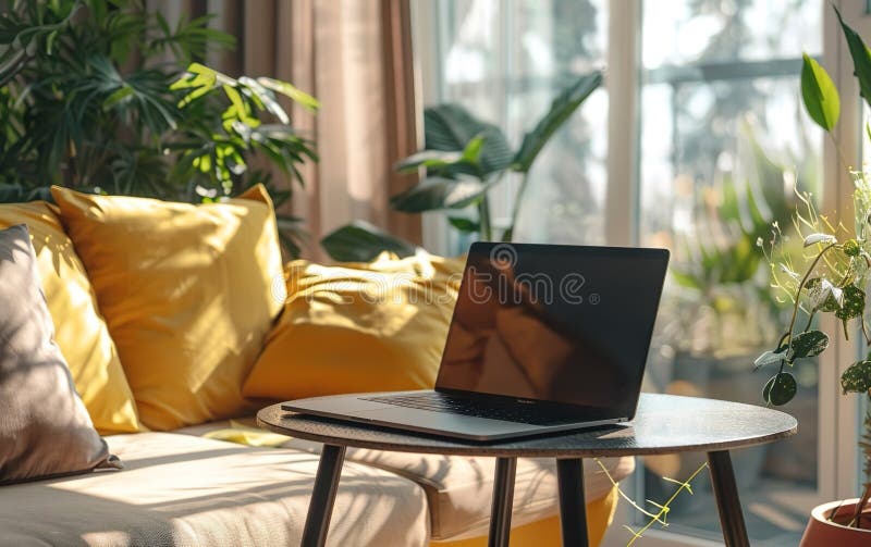 ноутбук в гостиной копировать пространство размытый фон. концепция работы digital nomad гибкие путешествия производительность бесплатная иллюстрация