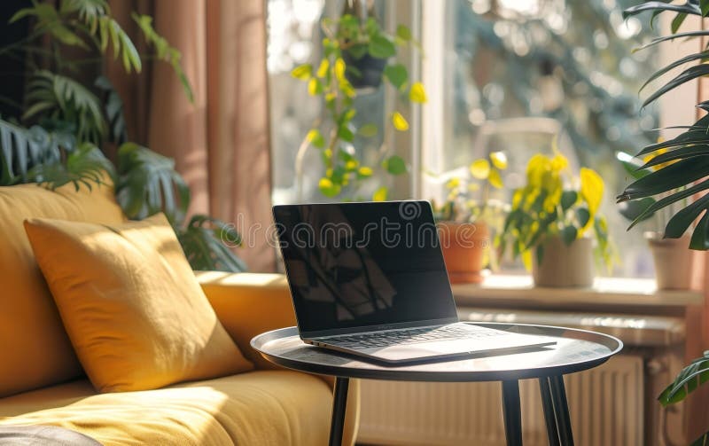 ноутбук в гостиной копировать пространство размытый фон. концепция работы digital nomad гибкие путешествия производительность иллюстрация вектора