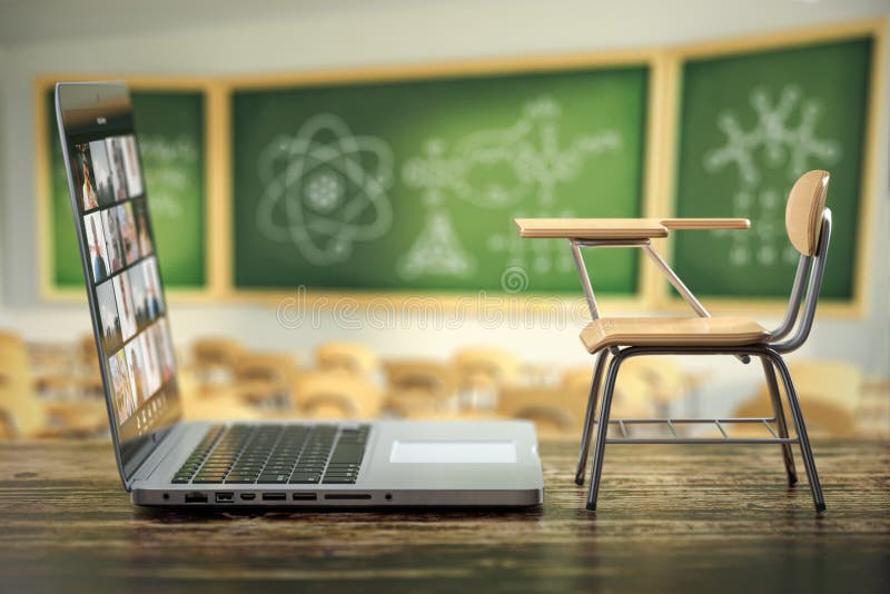 Ноутбук и стол школы на blackdesk в классе. В интернете образование и концепция elearning. Дом дистанционное обучение карантина иллюстрация вектора