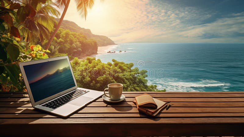 ноутбук на столе с фоном seascape. созданный адрес