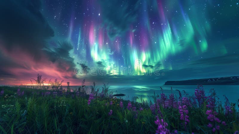 ночное время auroras волшебное летнее зрелище на севере : пышный зеленый луг под ночным небом с потрясающей авророй стоковые фотографии rf