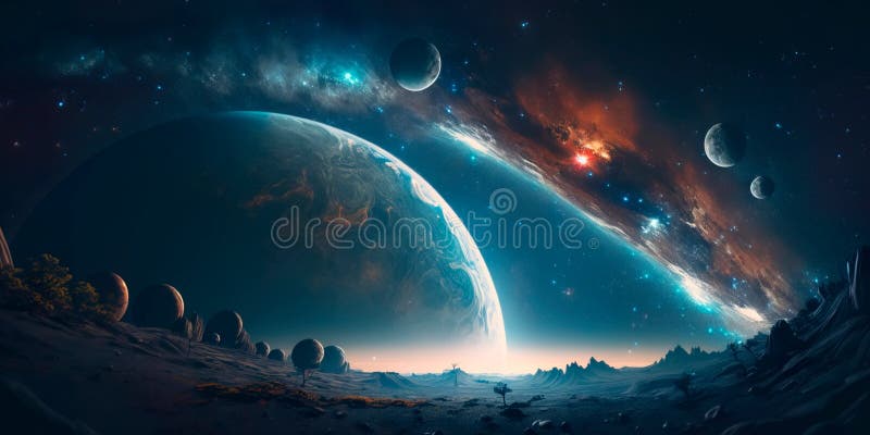 ночное небо сверкает звездами и планетами, напоминая нам о бесконечном расширении космического пространства за пределами планеты З иллюстрация вектора