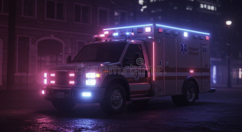 Ночь : AI Generative Ambulence на Темной улице. Общий рисунок, изображающий ночью скорую помощь в городских условиях. Скорая помощь ярко освещена в отличие от темного городского фона. Это высококачественное изображение идеально подходит для иллюстрации скорой медицинской помощи или городских ночных сцен.