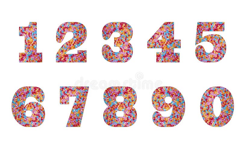 Numbers 0-9 made up of brightly coloured confectionery against white background. Numbers 0-9 made up of brightly coloured confectionery against white background.