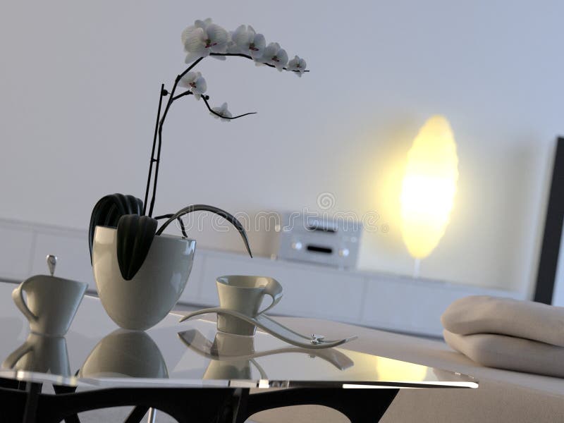 Sparse, minimalist interior with orchid, coffee cups and hi-fi equipment. Sparse, minimalist interior with orchid, coffee cups and hi-fi equipment