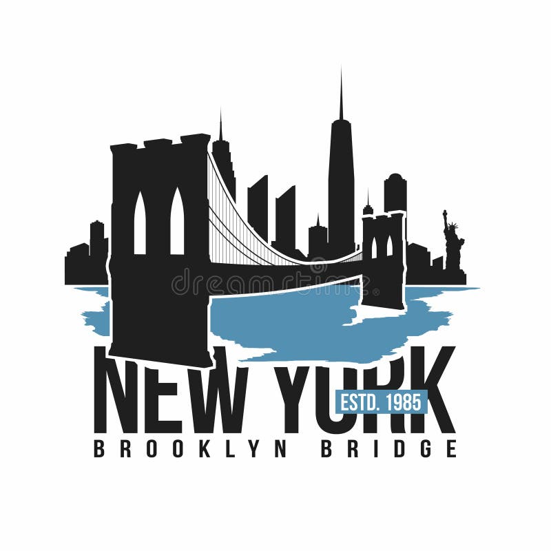 New York, Brooklyn Bridge typography for t-shirt print. Stylized Brooklyn Bridge silhouette. Tee shirt graphic, t-shirt design. Vector. New York, Brooklyn Bridge typography for t-shirt print. Stylized Brooklyn Bridge silhouette. Tee shirt graphic, t-shirt design. Vector