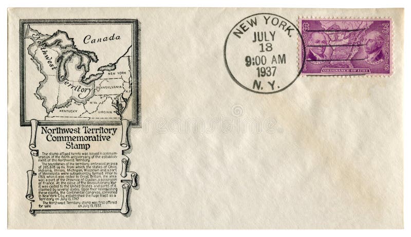 Нью-Йорк, США - 13-ое июля 1937: Конверт США исторический: крышка с территорией печати северо-западной, указом печати почтового с стоковые фото Нью-Йорк, США - 13-ое июля 1937: Конверт США исторический: крышка с территорией печати северо-западной, указом печати почтового с стоковые фото