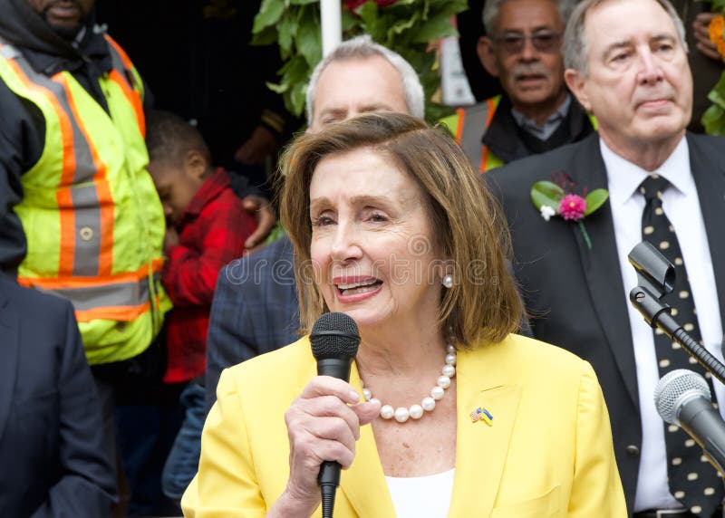 San Francisco, CA - Aug 2, 2023: Representative Nancy Pelosi, former speaker of the house, speaking at the 150th celebration of the First Cable Car Ride in the city. San Francisco, CA - Aug 2, 2023: Representative Nancy Pelosi, former speaker of the house, speaking at the 150th celebration of the First Cable Car Ride in the city