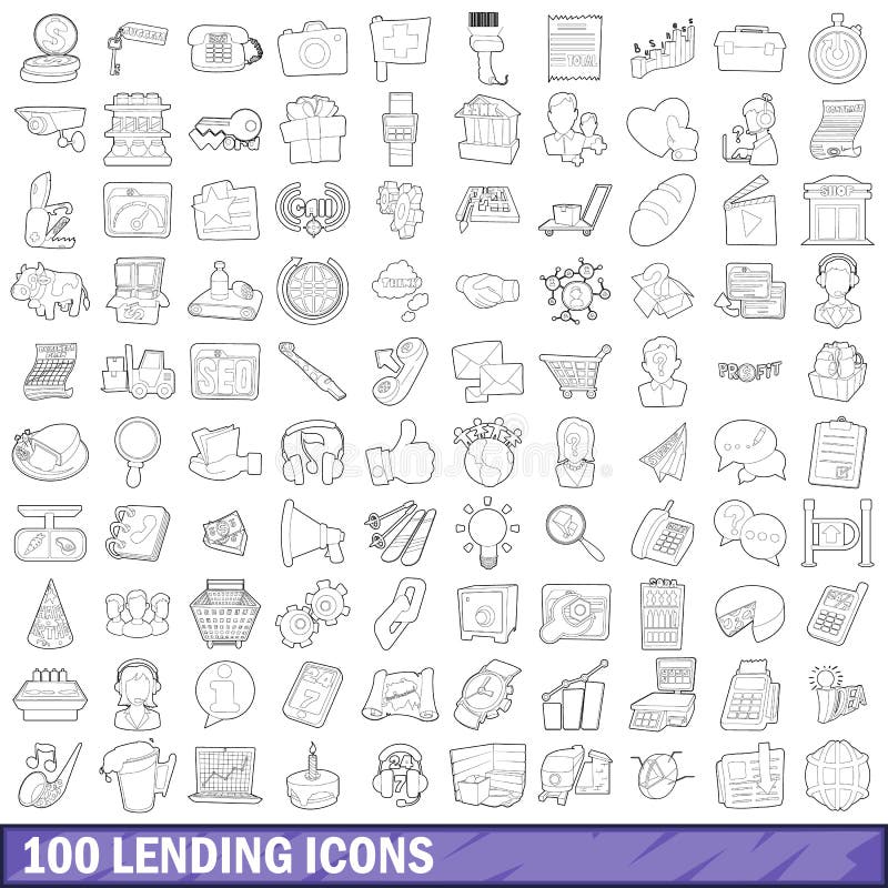 100 lending icons set in outline style for any design vector illustration. 100 lending icons set in outline style for any design vector illustration