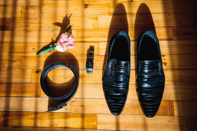 Одежды Groom установленные Обручальные кольца, ботинки, запонки для манжет и бабочка стоковое изображение