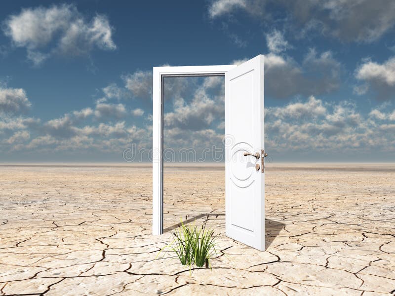 Single open door in cracked desert with clump of grass. Single open door in cracked desert with clump of grass