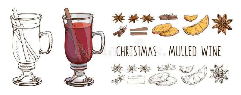 Mulled wine with spices and orange slices. Set of colorful vector images and modern lettering isolated on white. Winter time. Popular Christmas drink. Clip art for winter holidays menu, poster. Mulled wine with spices and orange slices. Set of colorful vector images and modern lettering isolated on white. Winter time. Popular Christmas drink. Clip art for winter holidays menu, poster