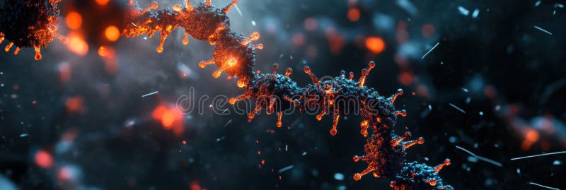 обзор молекулярной цепочки рнк, окруженной вирусами, подчёркивающими биологические процессы в клеточной среде стоковые фотографии rf
