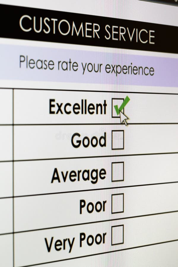 Tick placed in excellent checkbox on customer service satisfaction survey form on digital tablet screen. Tick placed in excellent checkbox on customer service satisfaction survey form on digital tablet screen