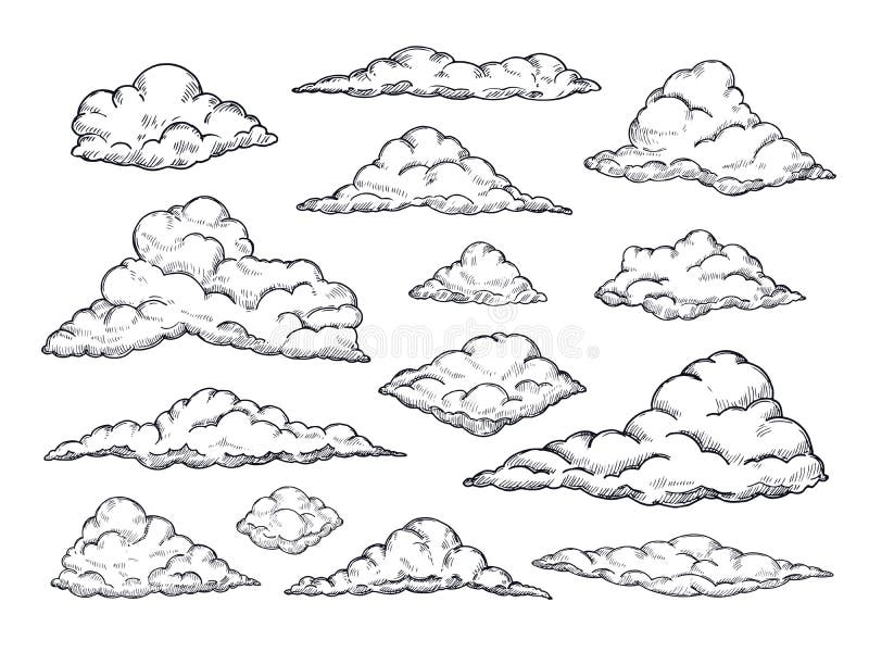 Облака эскиза Cloudscape неба руки вычерченное План делая эскиз к собранию вектора облака винтажному бесплатная иллюстрация