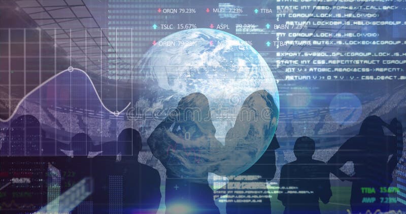 Обработка данных фондового рынка по всему миру и силуэт болельщиков, ликующих спортивный стадион стоковые фото