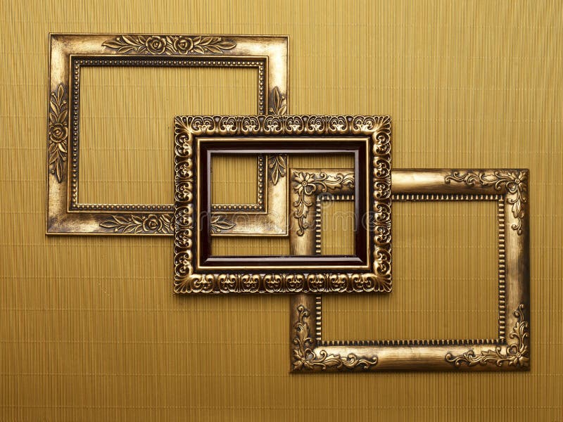 Set of three empty decorative frames overlapping on a gold textured background. Set of three empty decorative frames overlapping on a gold textured background.