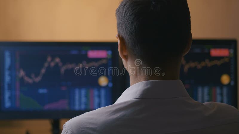 Обратный взгляд на молодых брокерских бизнесменов, анализирующих диаграммы на мониторе компьютера, перед покупкой или продажей ак