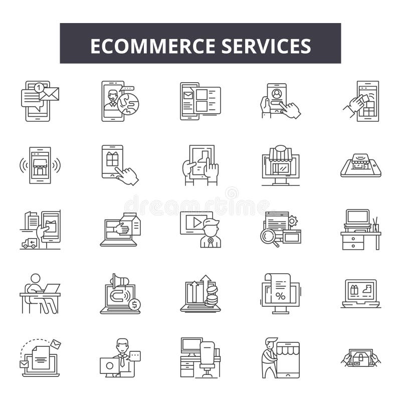 Обслуживания Ecommerce выравнивают значки, знаки, набор вектора, концепцию иллюстрация штока Обслуживания Ecommerce выравнивают значки, знаки, набор вектора, концепцию иллюстрация штока