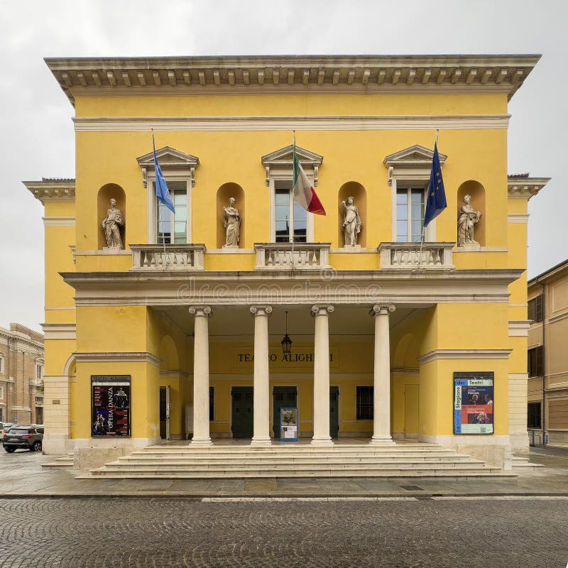 Pictured is the Teatro Communale Alighieri, an opera house located at 2 Via Miriani in Ravenna, Italy. The theatre was designed by Venetian architects, Tommaso Meduna and his brother Giambattista and was inaugurated on the 15th of May 1852. It was named for the famous poet, Dante Aligheri who spent the last four years of his life in Ravenna. Reflecting the style of the Venetian brothers, the exterior of the Alighieri is neo-classical with a four ionic columns and a portico with statues of four Muses. Pictured is the Teatro Communale Alighieri, an opera house located at 2 Via Miriani in Ravenna, Italy. The theatre was designed by Venetian architects, Tommaso Meduna and his brother Giambattista and was inaugurated on the 15th of May 1852. It was named for the famous poet, Dante Aligheri who spent the last four years of his life in Ravenna. Reflecting the style of the Venetian brothers, the exterior of the Alighieri is neo-classical with a four ionic columns and a portico with statues of four Muses.