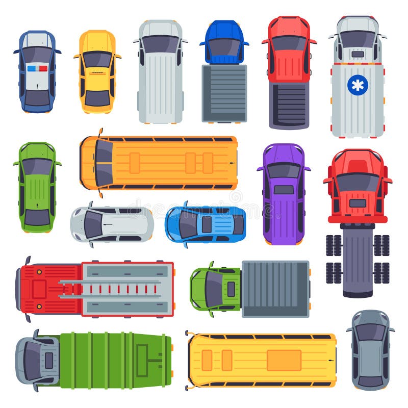 Top view public transport. Taxi car, city buses and ambulance vehicle. Delivery truck, school bus and fire engine. Urban municipal auto or bus transportation. Vector isolated icons set. Top view public transport. Taxi car, city buses and ambulance vehicle. Delivery truck, school bus and fire engine. Urban municipal auto or bus transportation. Vector isolated icons set