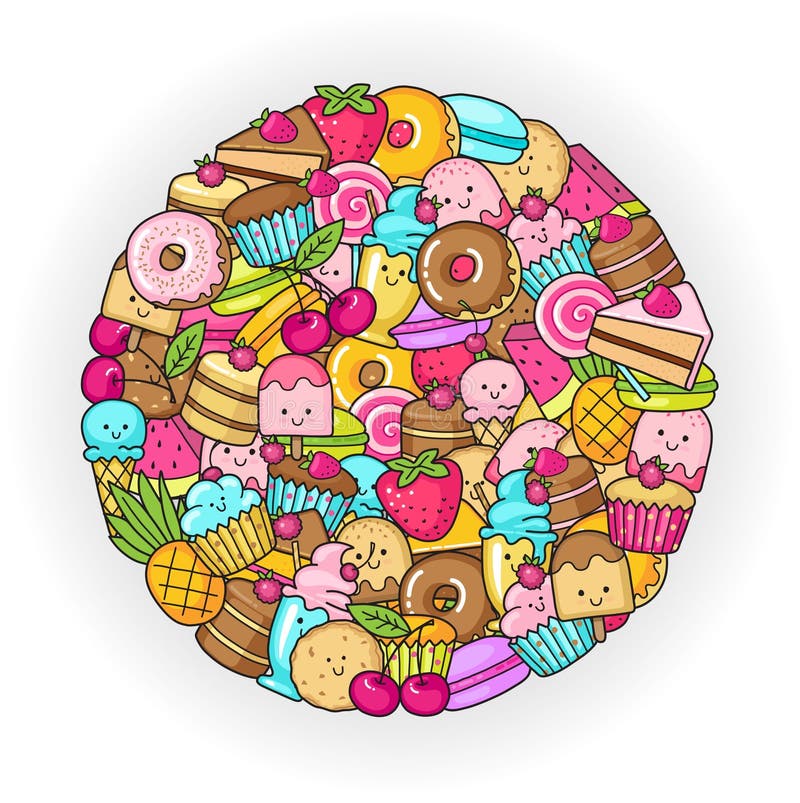 Объезжайте от смешных помадок, плодоовощ и мороженого Donuts, пирожные, торты и печенья иллюстрация вектора Объезжайте от смешных помадок, плодоовощ и мороженого Donuts, пирожные, торты и печенья иллюстрация вектора
