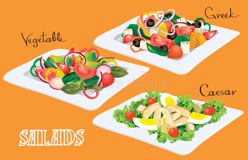 Vector illustration. Vegetable, Greek, Caesar Salads. Vector illustration. Vegetable, Greek, Caesar Salads