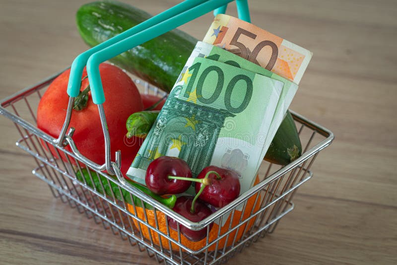 Овощи и плоды в корзине для товаров вместе с деньгами евро/концепцией роста цены на продукты питания