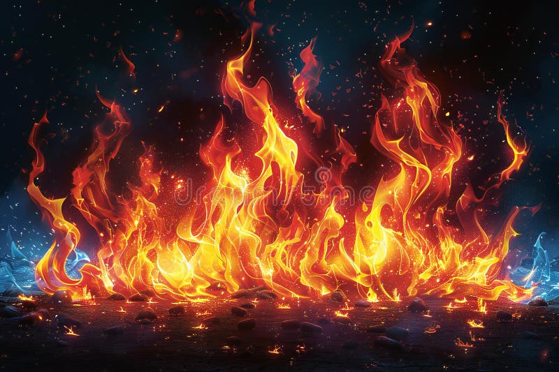 Огонь пламени черный фон мультфильм стиль высокое разрешение ультра подробно высокой контрастной оранжевый и красный цвет схема c бесплатная иллюстрация