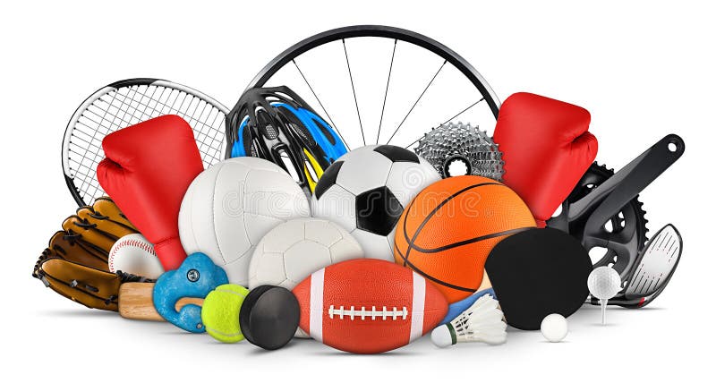Huge collection stack of sport balls gear equipment from various sports concept isolated on white background. Huge collection stack of sport balls gear equipment from various sports concept isolated on white background