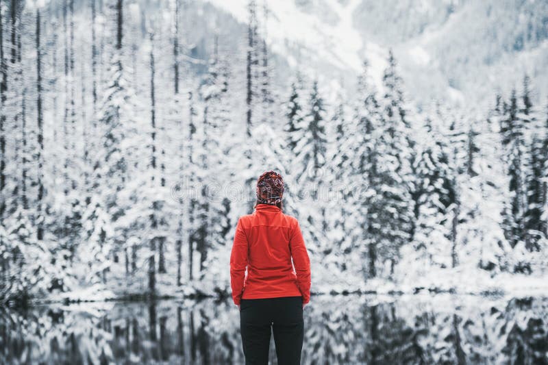 Один hiker девушки стоит перед озером зимы смотря к снежному ландшафту r стоковые изображения rf Один hiker девушки стоит перед озером зимы смотря к снежному ландшафту r стоковые изображения rf