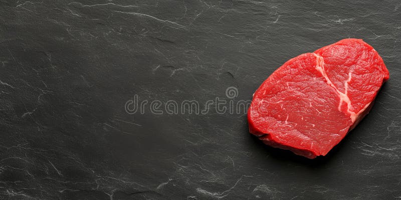 один сырый говяжий стейк на черном фоне. шаблон баннера для рынка экологически чистых продуктов. красный кусок мяса полезен стоковая фотография rf