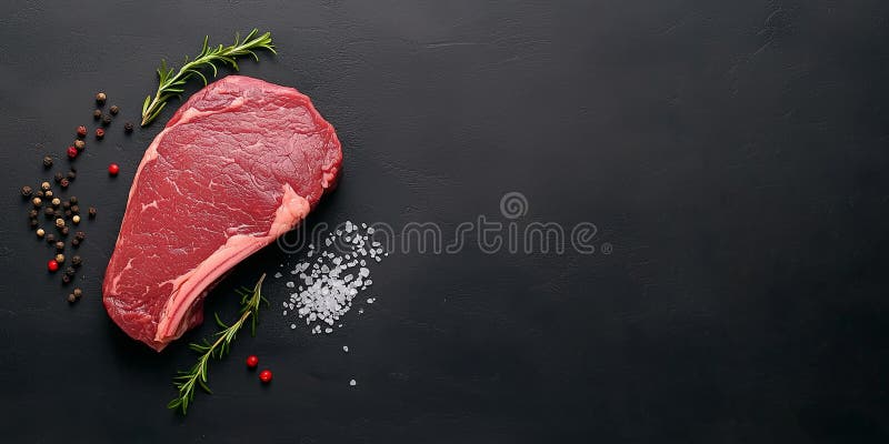один сырый говяжий стейк на черном фоне. шаблон баннера для рынка экологически чистых продуктов. красный кусок мяса полезен стоковое изображение