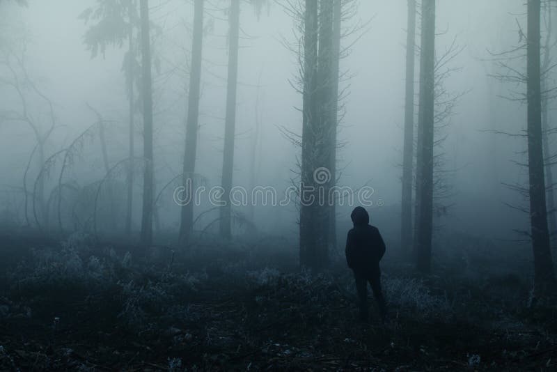 Lonely man, a man stands between tree trunks on a blurry background of a foggy forest, mysterious mystical concept. Lonely man, a man stands between tree trunks on a blurry background of a foggy forest, mysterious mystical concept