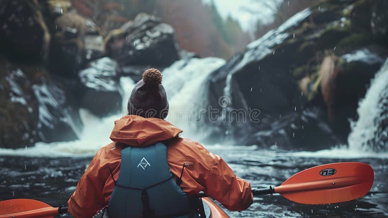 одиночество каякер лицом стремительного приключения водопад в природе. размышления о силе воды в труднодоступной местности иллюстрация штока