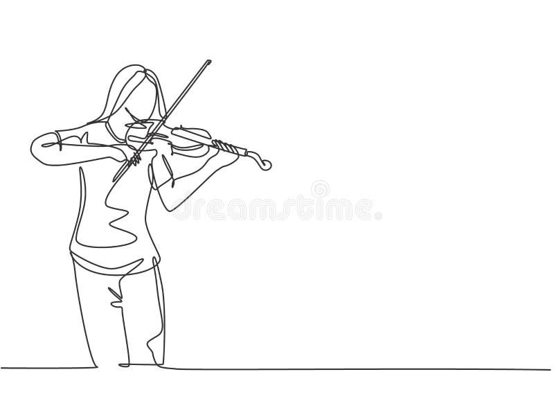 Одна постоянная рисунок молодого счастливого женского fiddler испольняющее для игры на скрипке на концерте, музыкальный фестиваль. иллюстрация штока