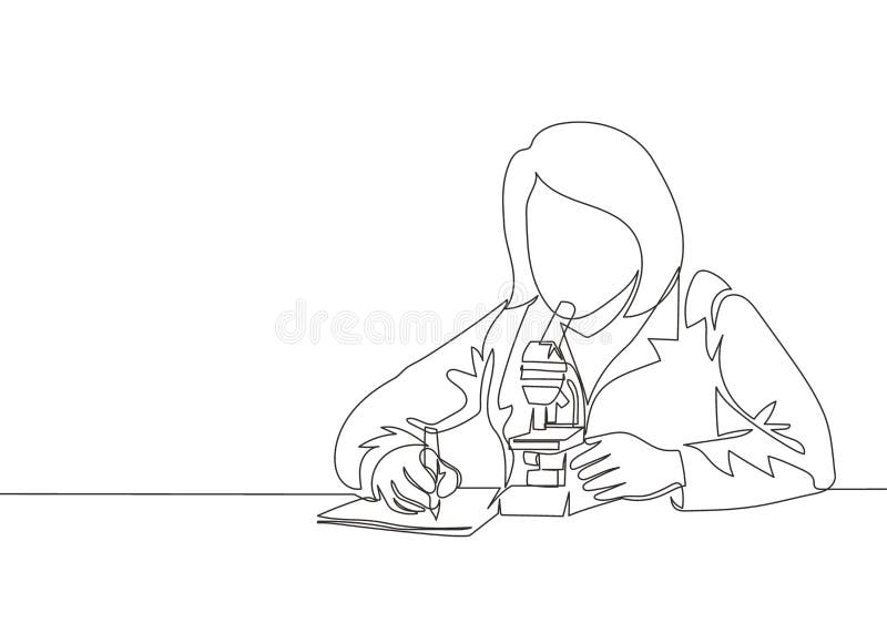 Одна постоянная рисунок молодого ученого рассмотреть вирус, который вызывает женщин covid с микроскопом лаборатории. Коронавирус иллюстрация вектора