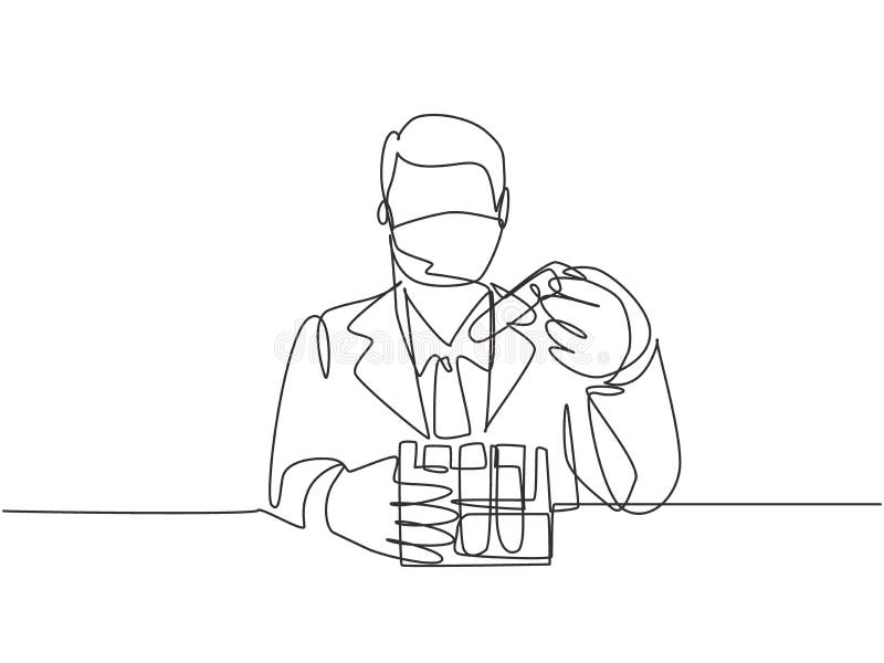 Одна постоянная рисунок молодой мужчина laboratorian образцы крови тестов из стекла, чтобы найти вакцины covid19. Коронавирус иллюстрация вектора