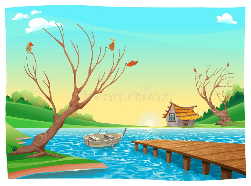 Lake with boat. Cartoon and vector illustration. Lake with boat. Cartoon and vector illustration.